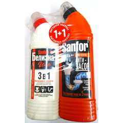 Чистящее средство для труб "SANFOR" антизасор 750 гр. + чистящее средство "SANFOR" белизна гель 500 мл. ПРОМО(7)
