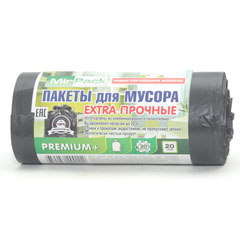 Мешки для мусора "MIRPACK PREMIUM+" ролик черные 20 мкм. 30 литров 20 шт.(24)