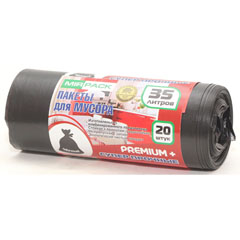 Мешки для мусора "MIRPACK PREMIUM+" ролик черные 20 мкм. 35 литров 20 шт.(21)